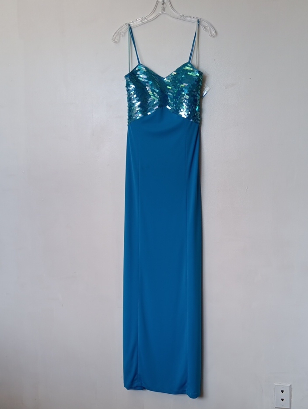 Vintage Slender Turquoise Sequin Bust Spaghetti Strap Maxi Dress